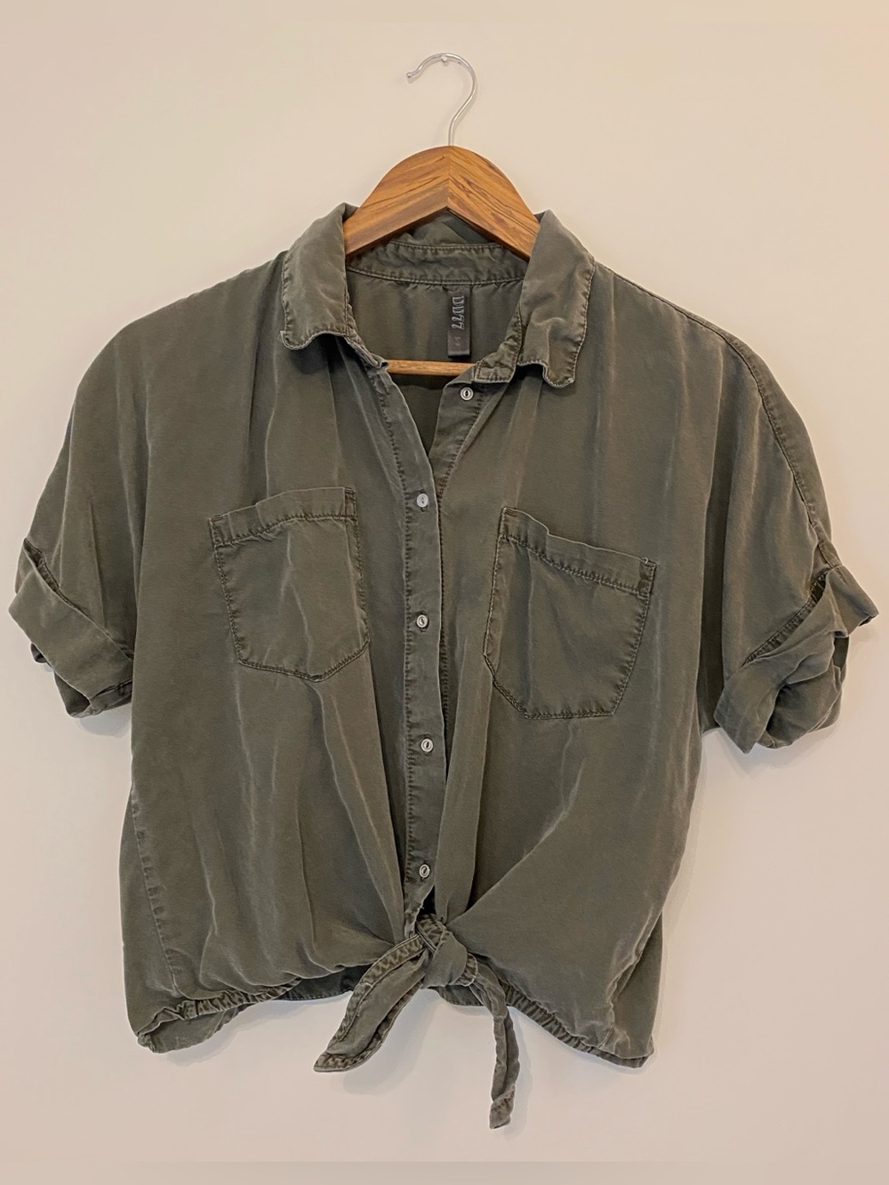 Tencel Olive Tie-Front Button Shirt